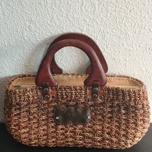 Upcycled Brown Woven Handbag with Authentic Louis Vuitton Patch